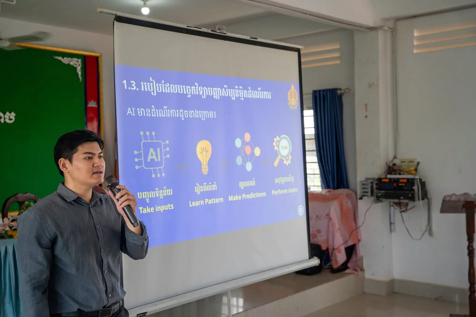 Lim Chanvirakyoth presenting a Khmer slide on how AI takes inputs, learns patterns and makes predictions
